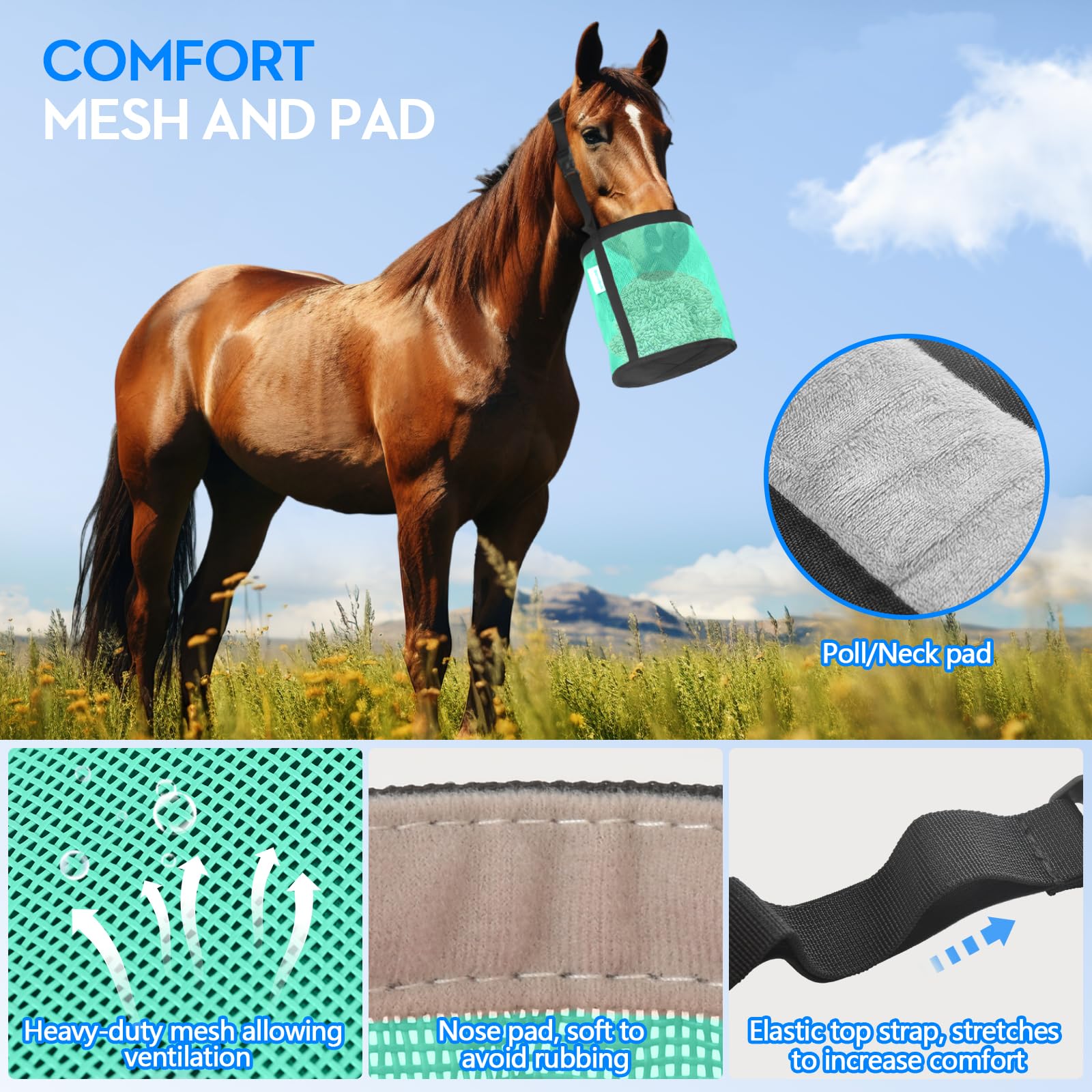 WARMWOW Horse Feed Bag Pack of 2, Feed Bags for Horses with Ventilation Mesh, Comfort Nose Pad Neck Pad, Adjustable Strap, Spill